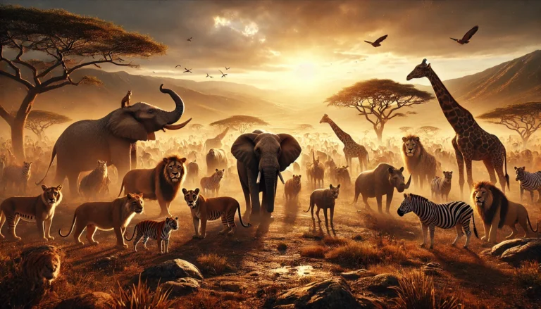 DALL·E 2024-10-22 13.23.37 - Epic cinematic wide shot of diverse wild animals gathered in a dramatic savanna landscape at golden hour. Majestic lions, elephants, tigers, giraffes,